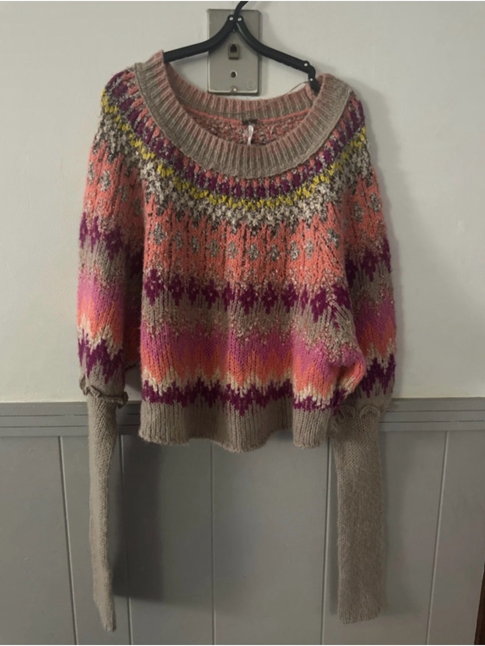 Free people Cozy Multicolor Fair Isle Knit Sweater - Taupe, Coral & Purple